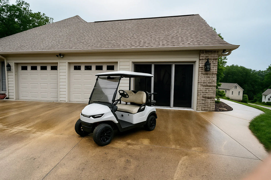 Golf cart parked outside a home with a Lifestyle garage screen installed